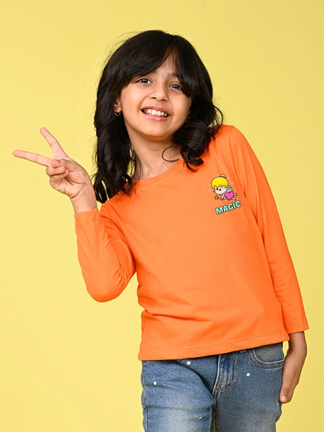 

NUSYL Girls Graphic Printed Round Neck Cotton T-shirt, Orange