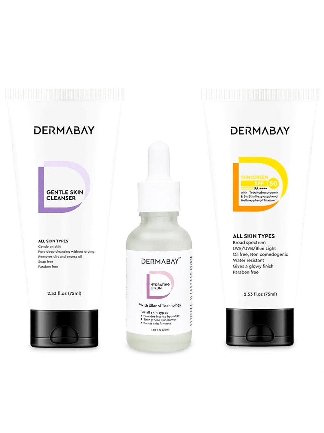 

DermaBay Set Of 3 SPF 50 Gentle On Cleanser 75ml, Hydrating Serum 30ml & Sunscreen 75ml, White