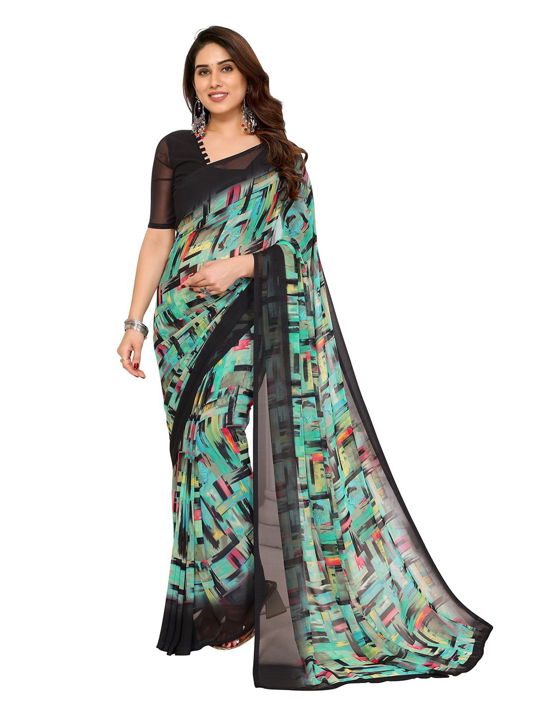 

ANAND SAREES Poly Georgette Printed Saree with Blouse Piece, Blue