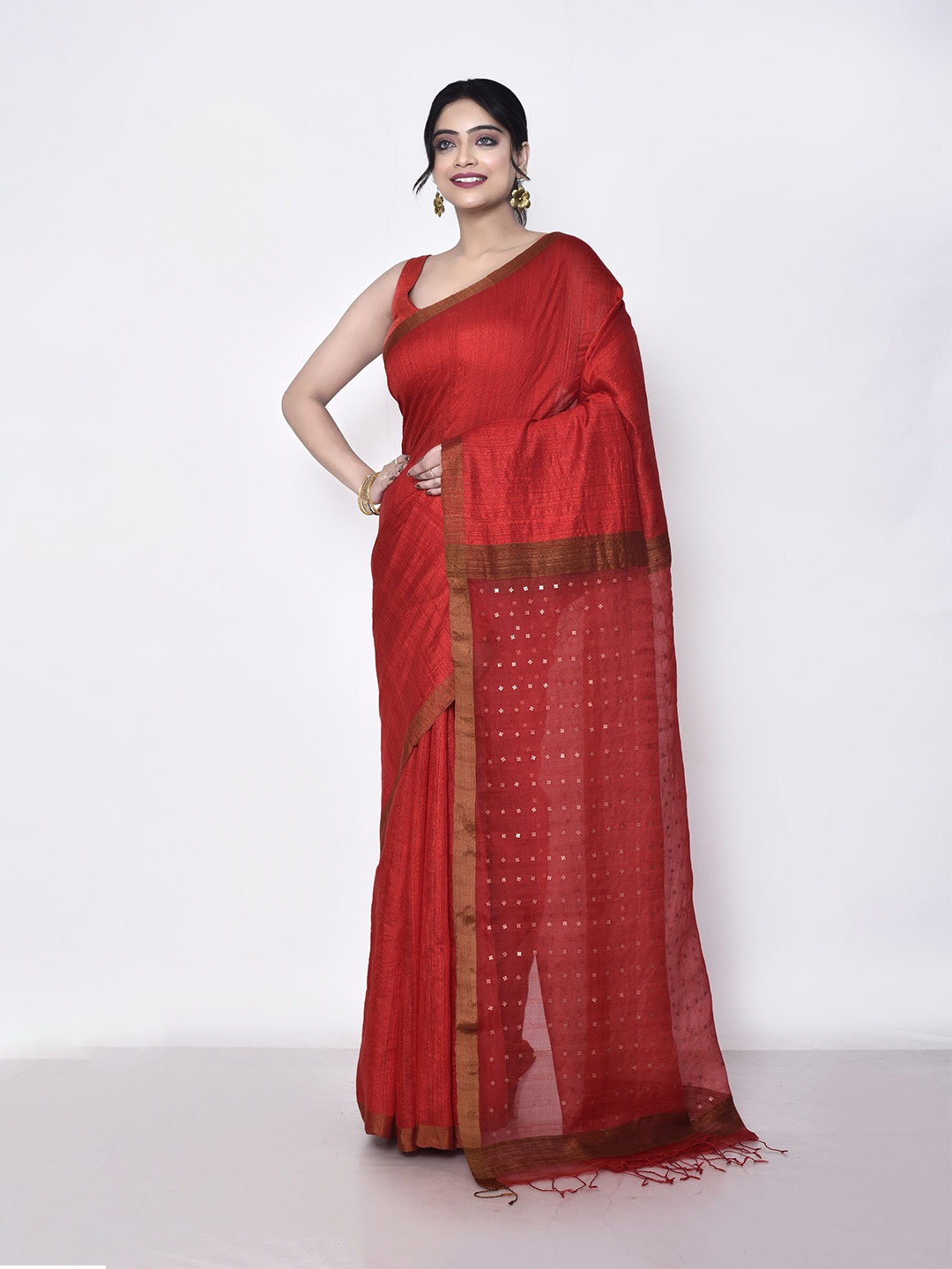 

SPRISH Solid Woven Design Zari Pure Silk Tussar Saree, Red