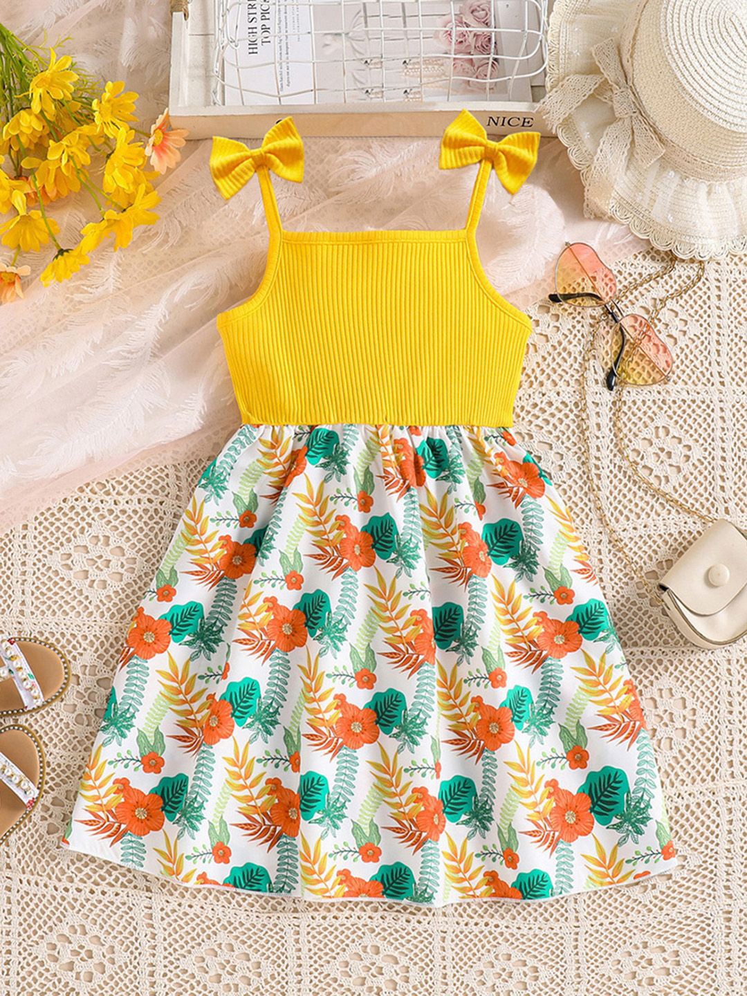 

INCLUD Girls Floral Printed Fit & Flare Dress, Yellow