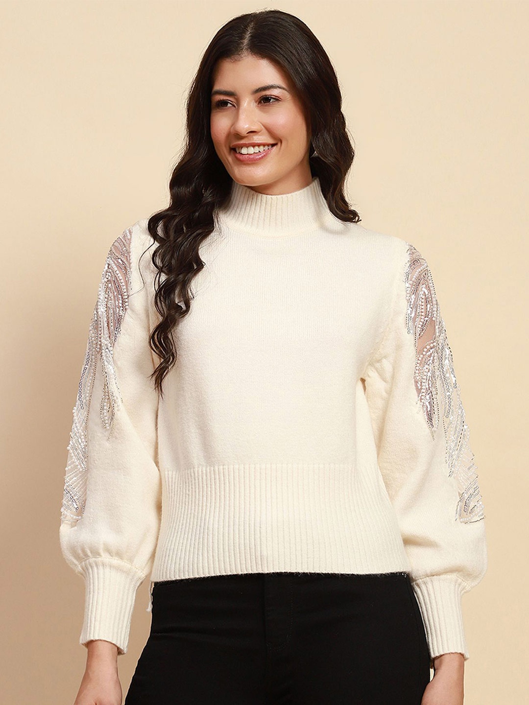 

Global Republic Women Turtle Neck Pullover With Embellished Detail, White