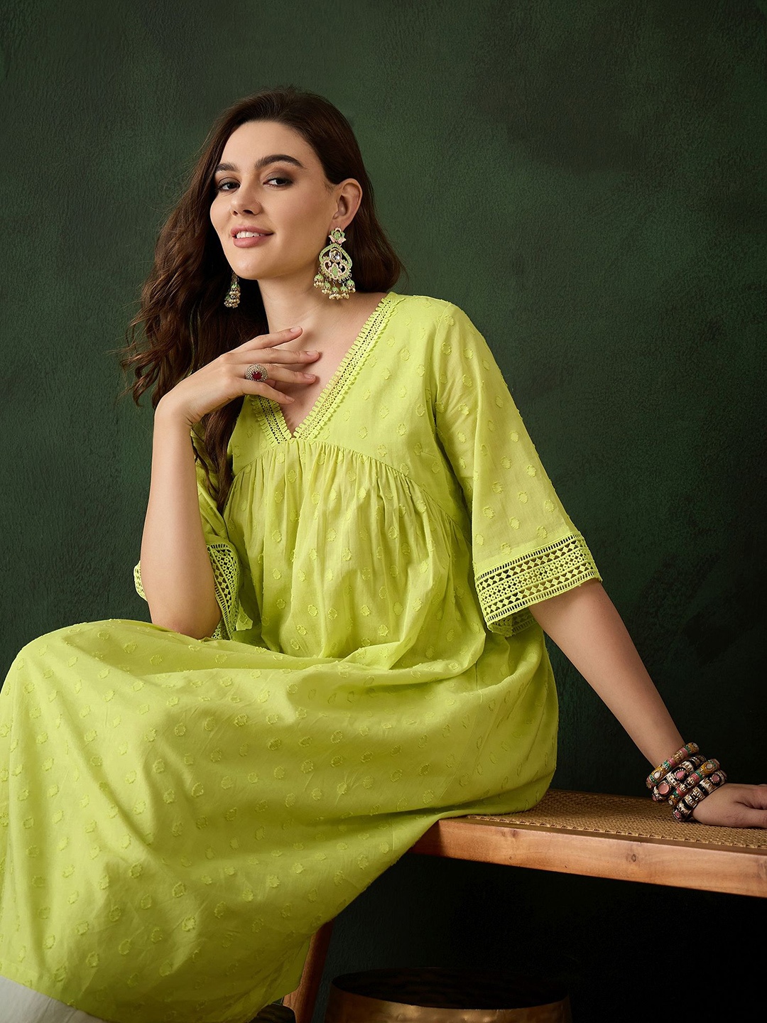 

Sangria Pure Cotton A-Line Flared Kurta, Lime green