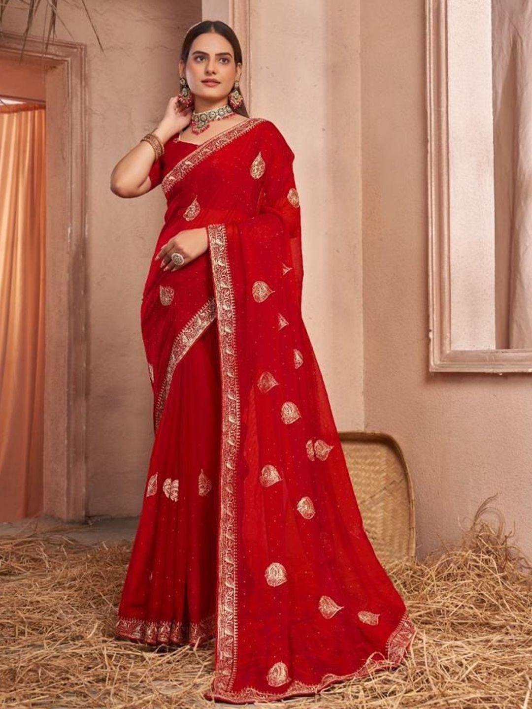 

Kalista Ethnic Motifs Embroidered Zari Pure Georgette Saree, Red