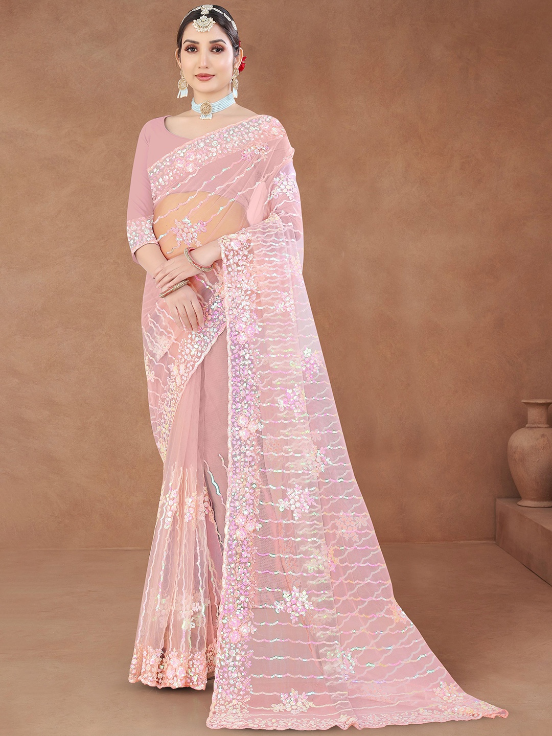

Sanwariya Silk Embellished Sequinned Maheshwari Saree, Pink
