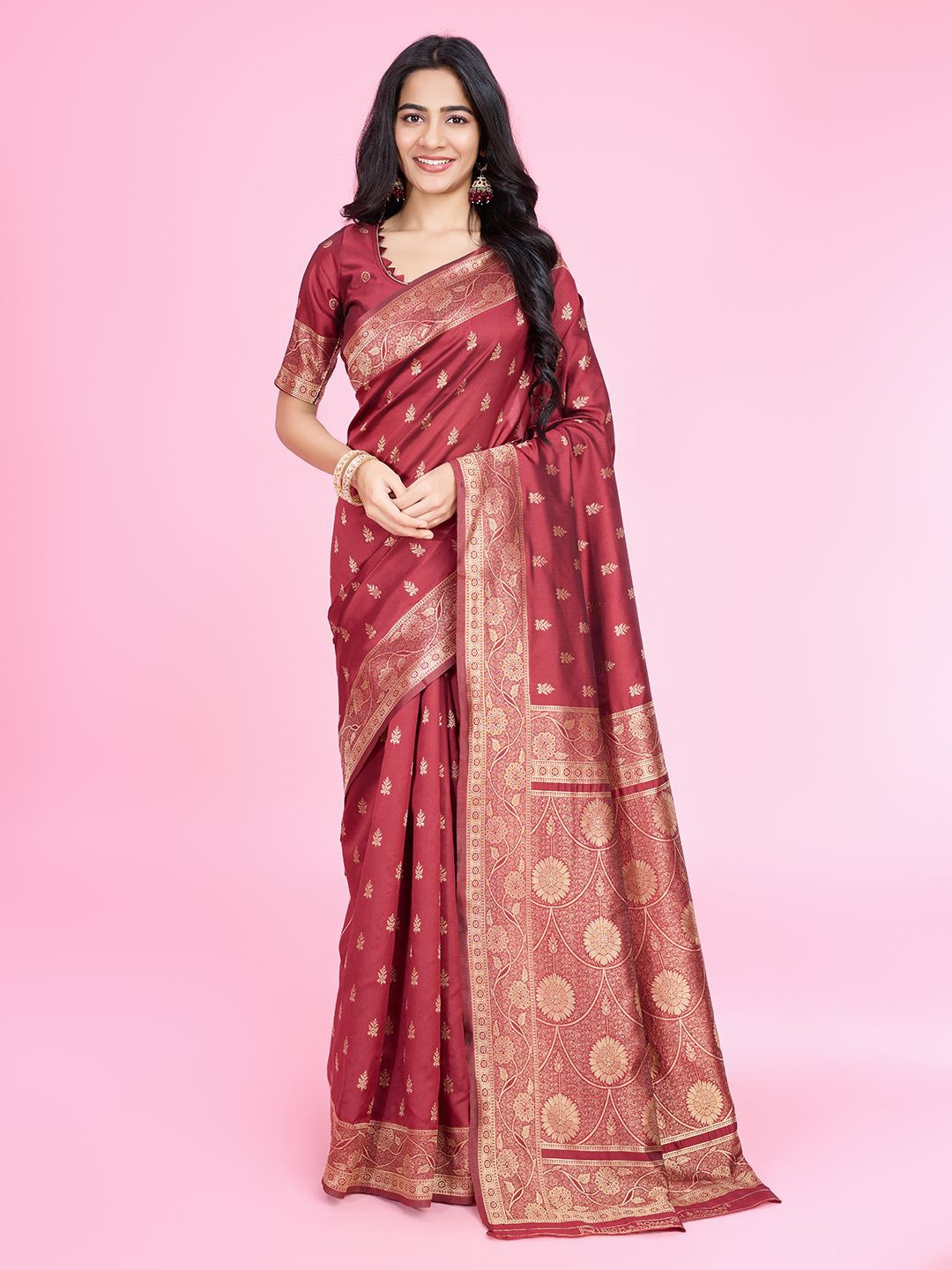 

RICH & ROMAN Woven Design Zari Pure Silk Banarasi Saree, Maroon
