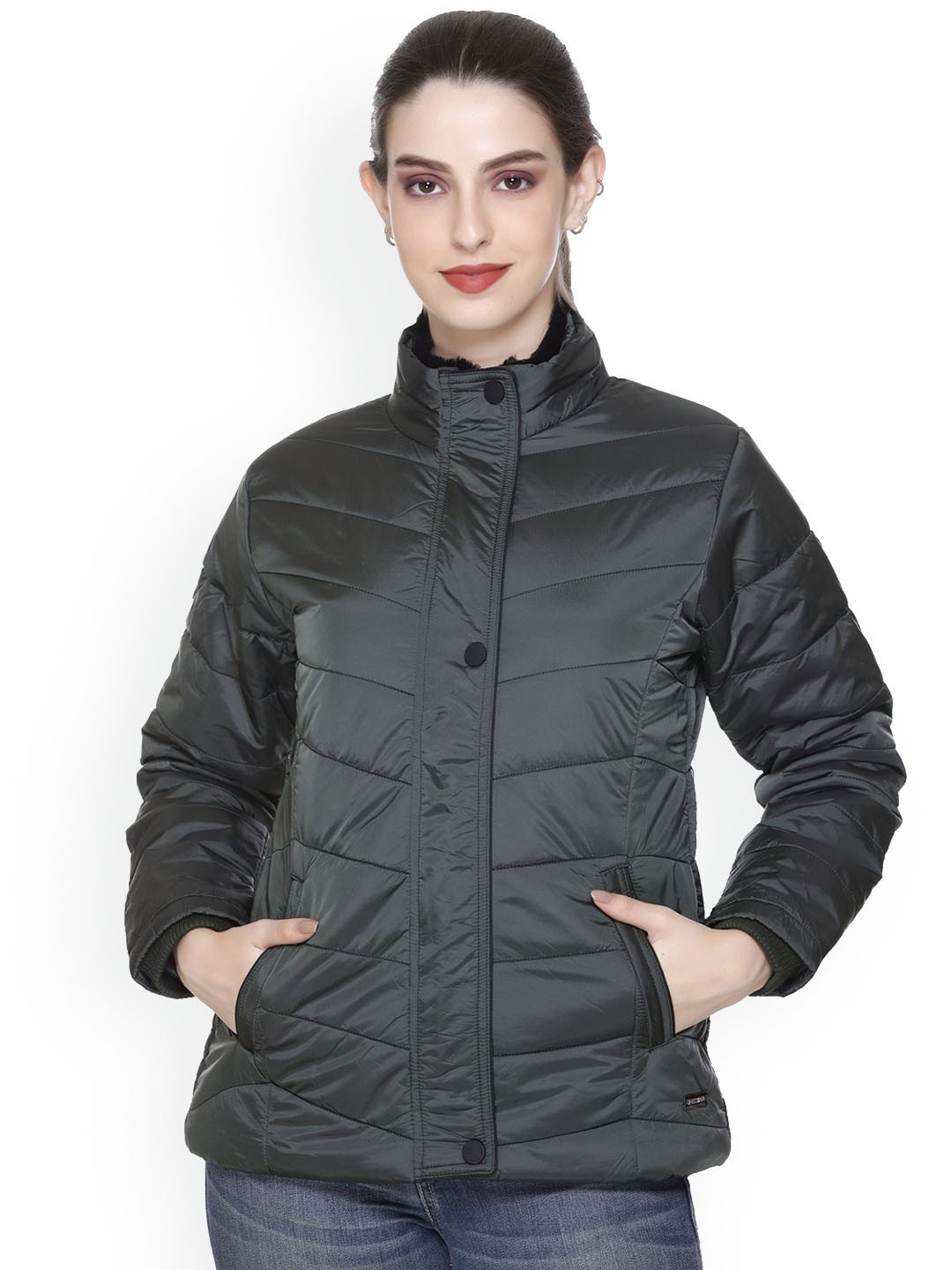 

Rozella Women Mandarin Collar Casual Winter Wear Quilted Jacket, Olive