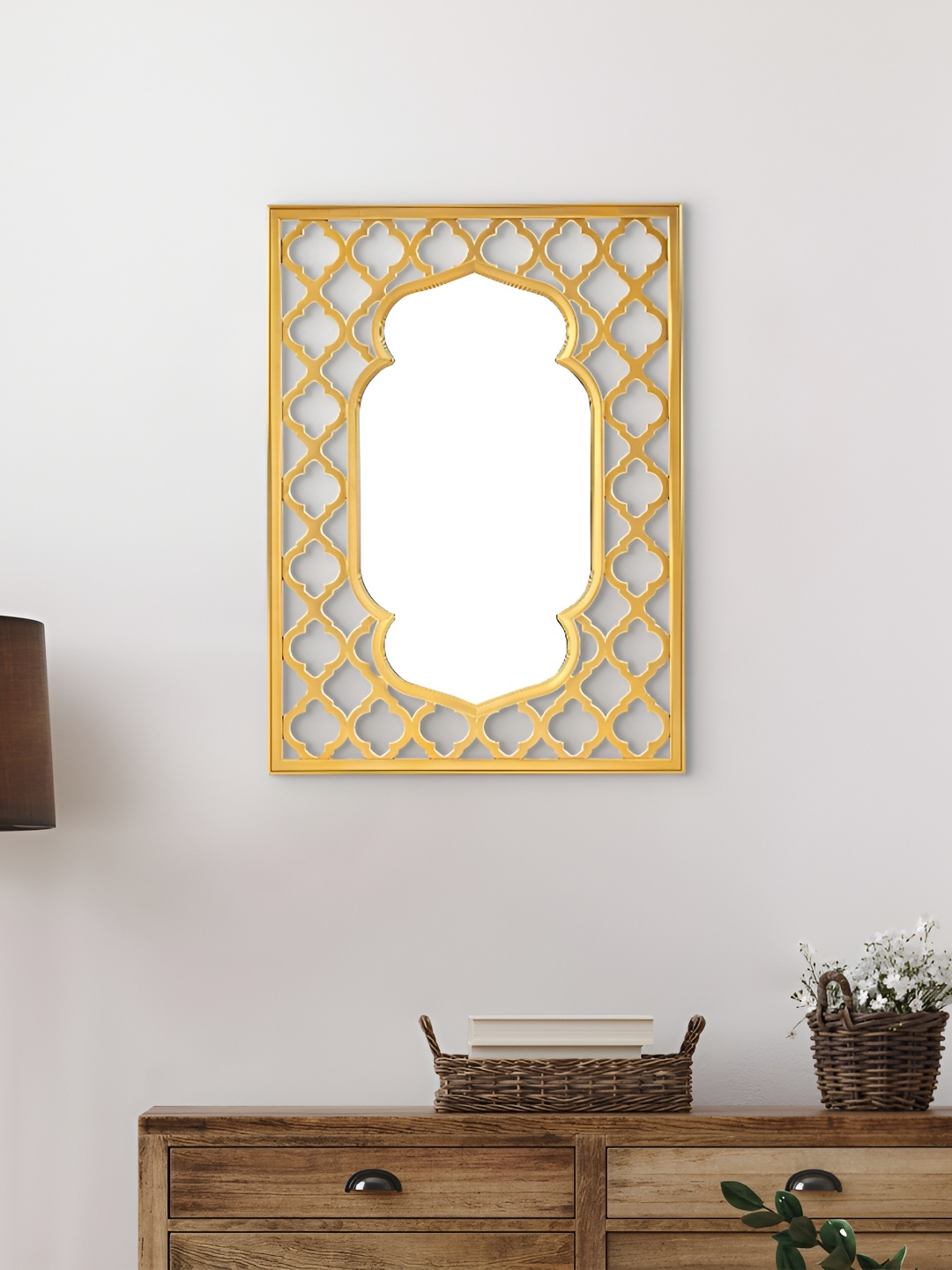 

Home Centre Yellow Rectangle Shape Metal Wall Mirror, Gold