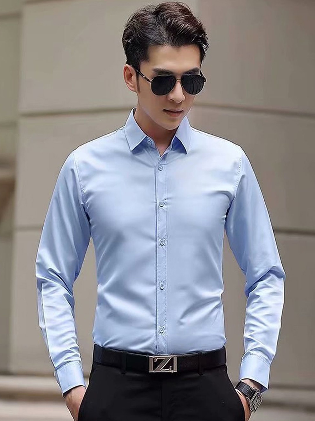 

StyleCast Men Spread Collar Solid Linen Casual Shirt, Blue