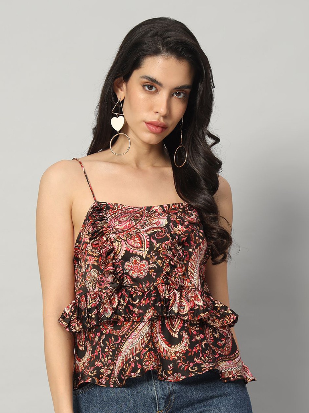 

BRIJAL LAD Women Abstract Printed Square Neck Top, Black