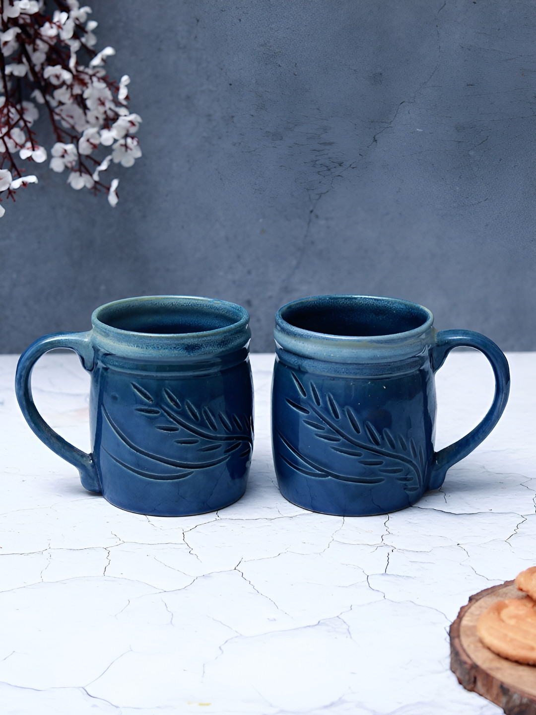 

Unravel India Shades of Leaf Blue 2 Pieces Printed Ceramic Matte Mugs 140 ml