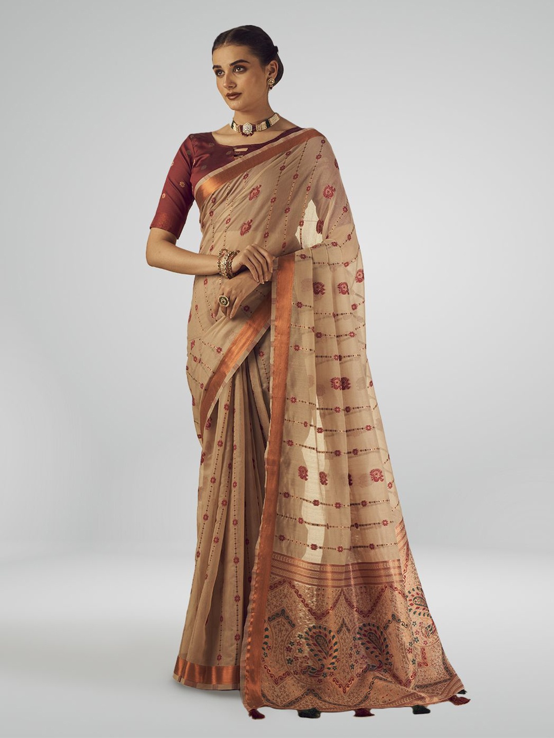 

SARHA Ethnic Motifs Woven Design Pure Cotton Zari Saree, Beige