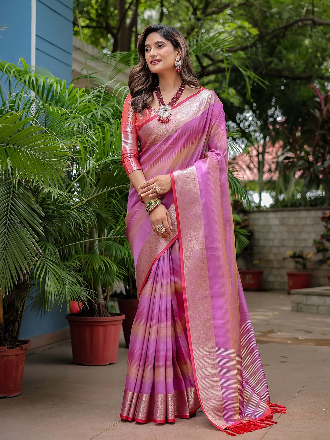 

Mitera Woven Design Zari Organza Kanjeevaram Saree, Purple