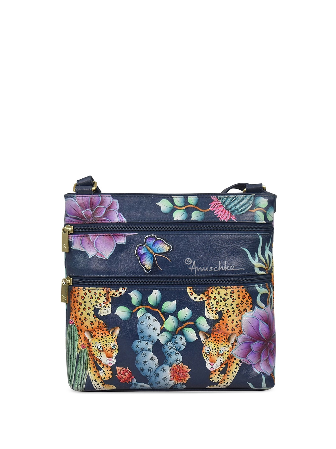 

Anuschka Women Floral Printed Leather Structured Sling Bag, Navy blue