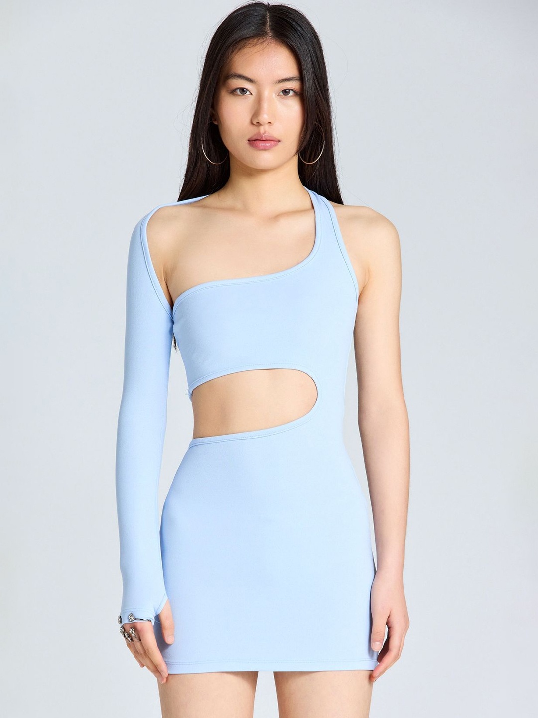 

ZOMODA Solid One Shoulder Bodycon Mini Dress, Blue