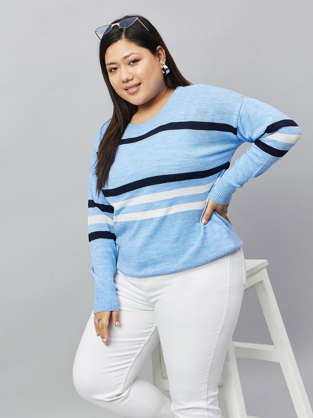 

Club York Women Striped Long Sleeves Pullover Sweater, Blue