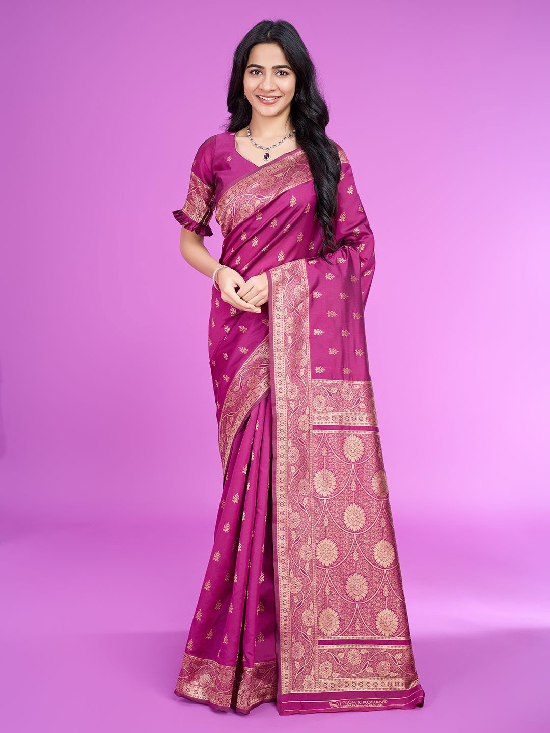 

RICH & ROMAN Woven Design Zari Pure Silk Banarasi Saree, Magenta