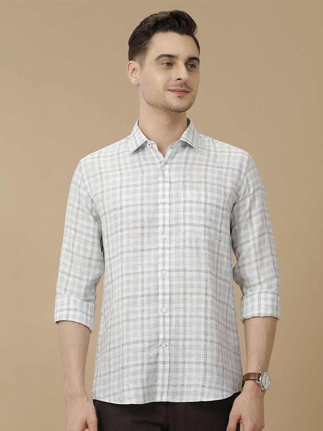 

Linen Club Men Contemporary Spread Collar Checked Slim Fit Casual Shirt, Grey