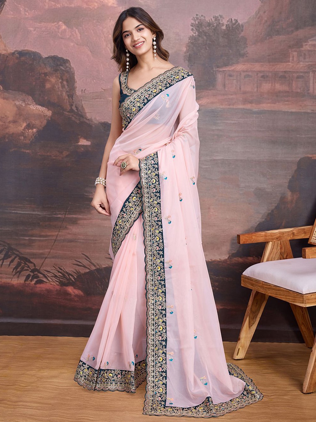 

House of Pataudi Embroidered Saree With Blouse, Pink