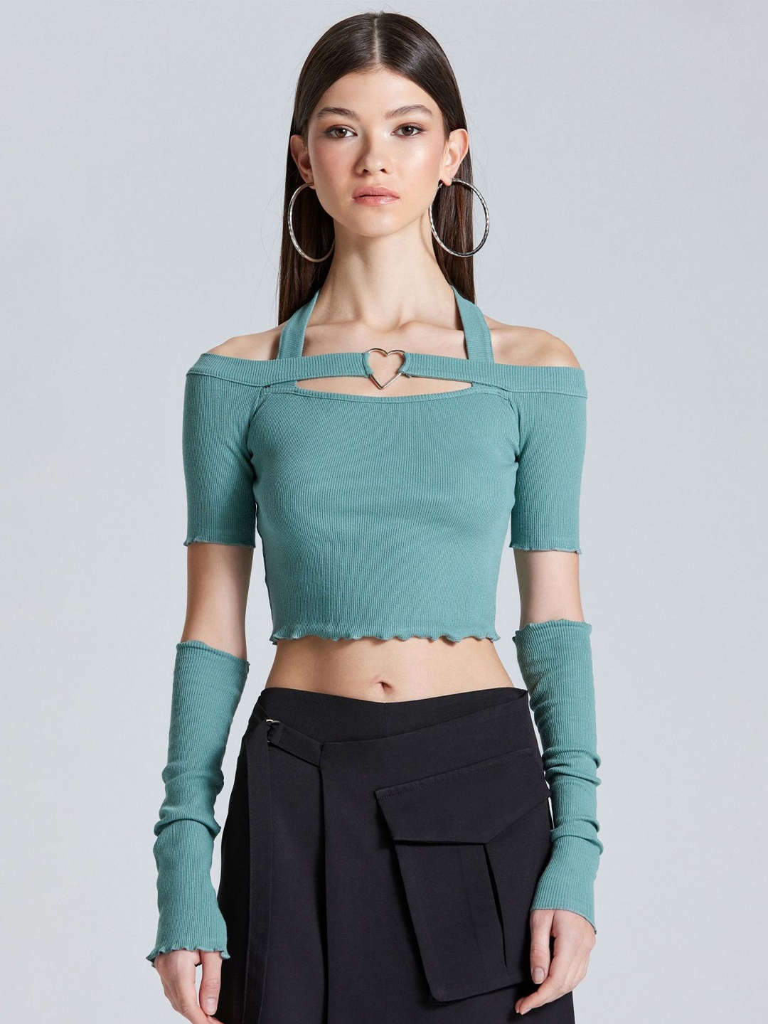 

ZOMODA Women Solid Cold-Shoulder Cotton Crop Top, Teal