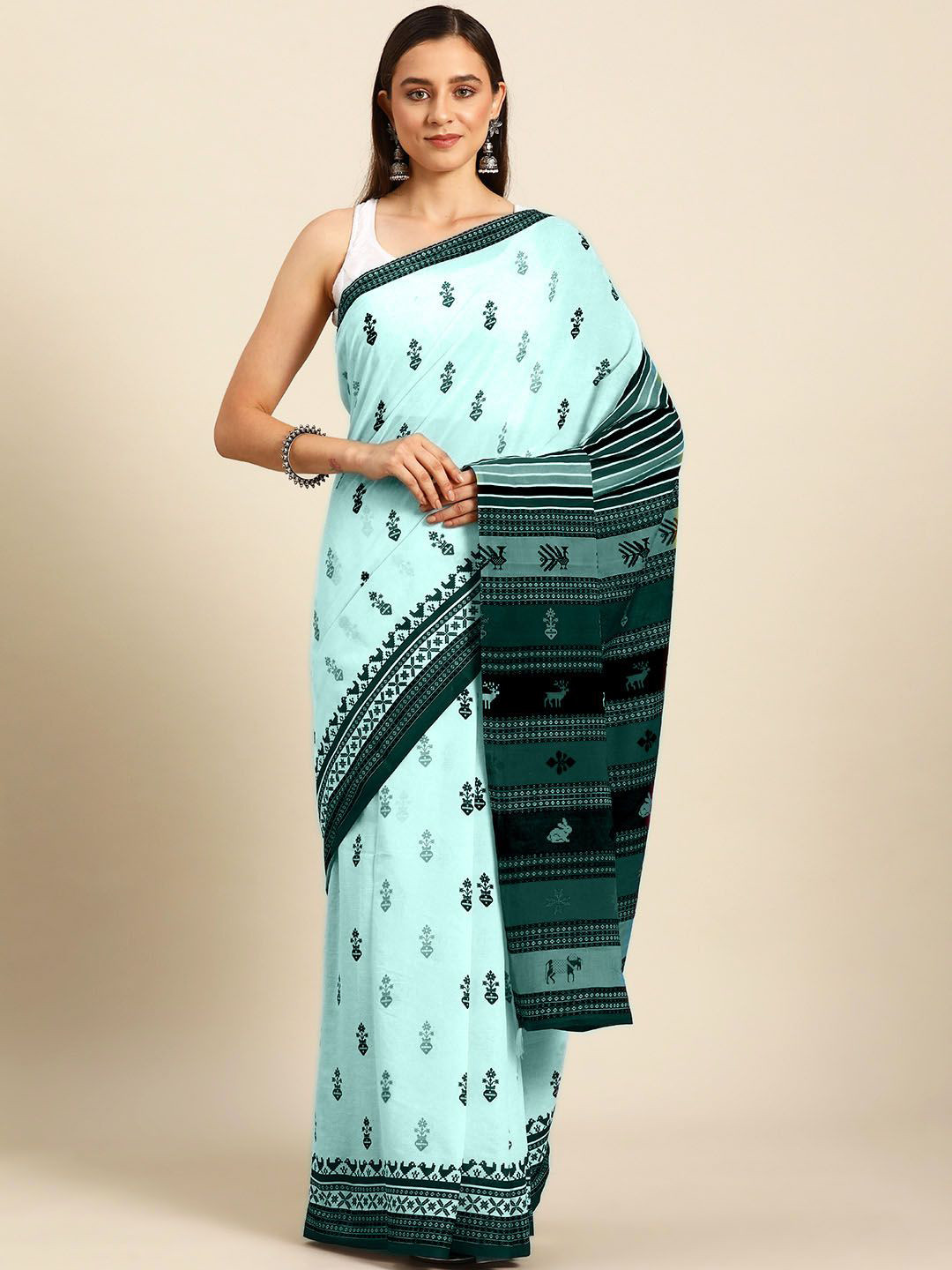 

BUTA BUTI Ethnic Motifs Printed Pure Cotton Saree, Green