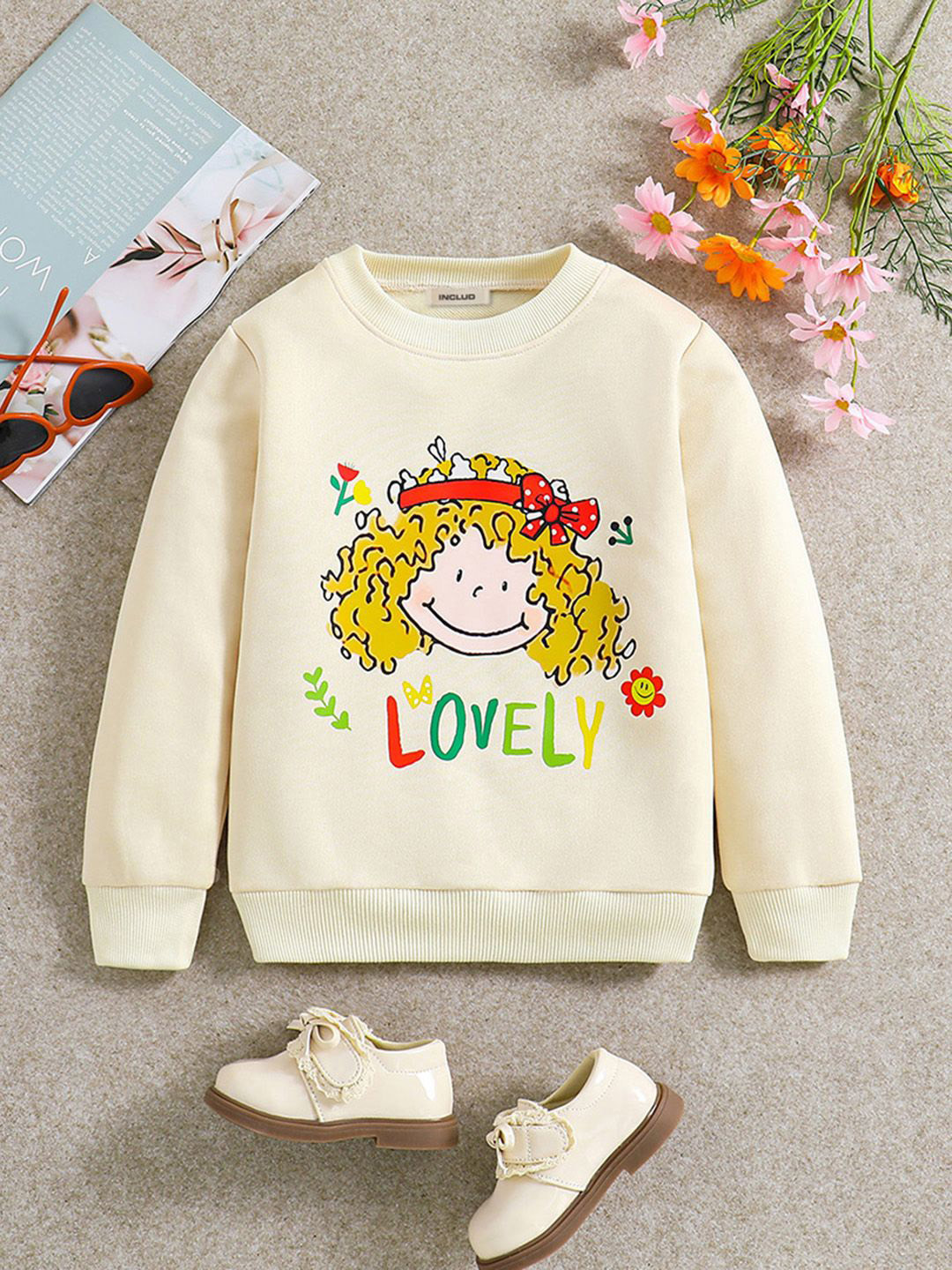 

INCLUD Girls Graphic Printed Round Neck Polyetser Pullover Sweatshirt, Beige