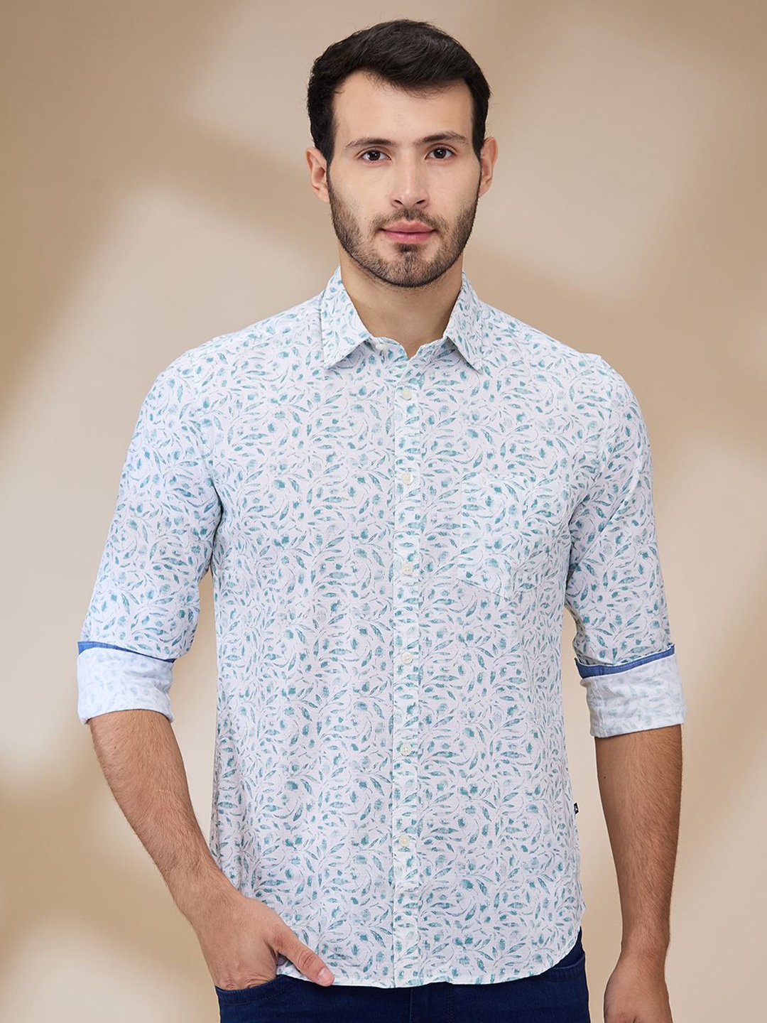 

Parx Men Spread Collar Floral Printed Cotton Slim Fit Casual Shirt, Green