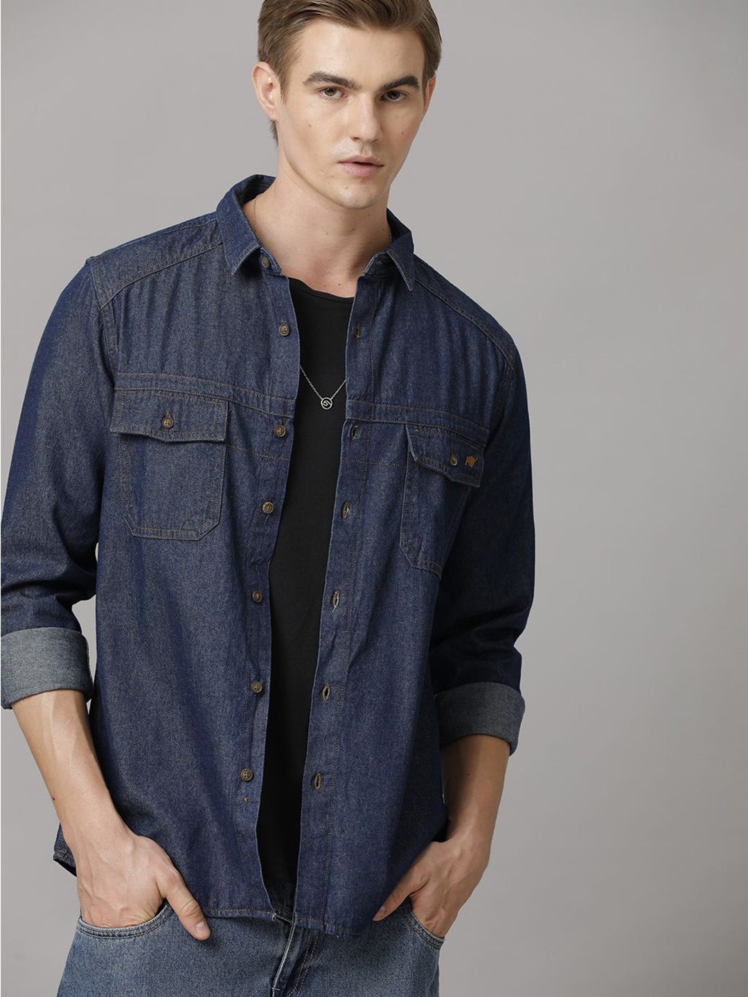 

TEMPLE OF DENIM Men India Slim Spread Collar Solid Denim Casual Shirt, Navy blue
