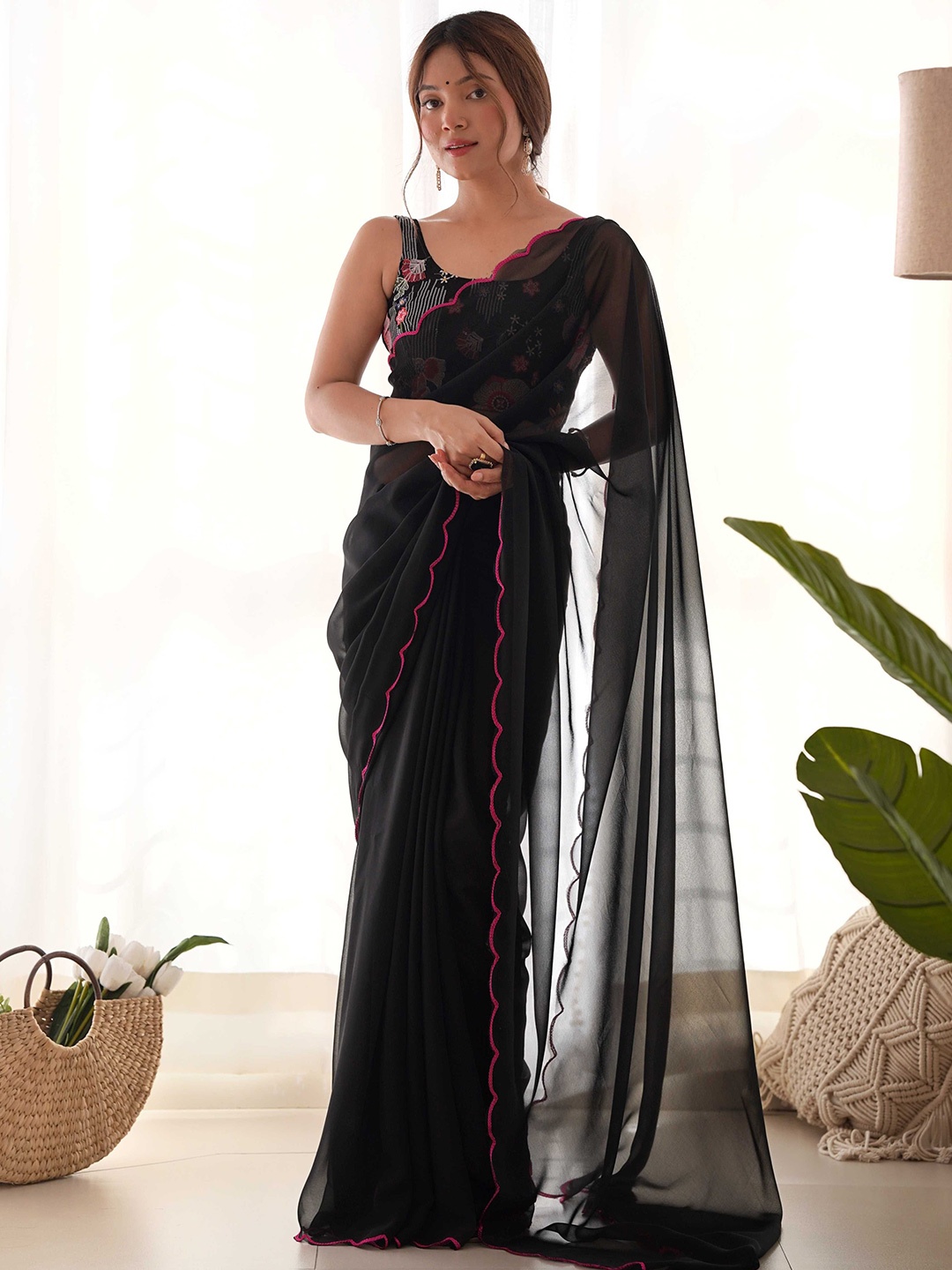 

Panzora Solid Poly Georgette Saree, Black