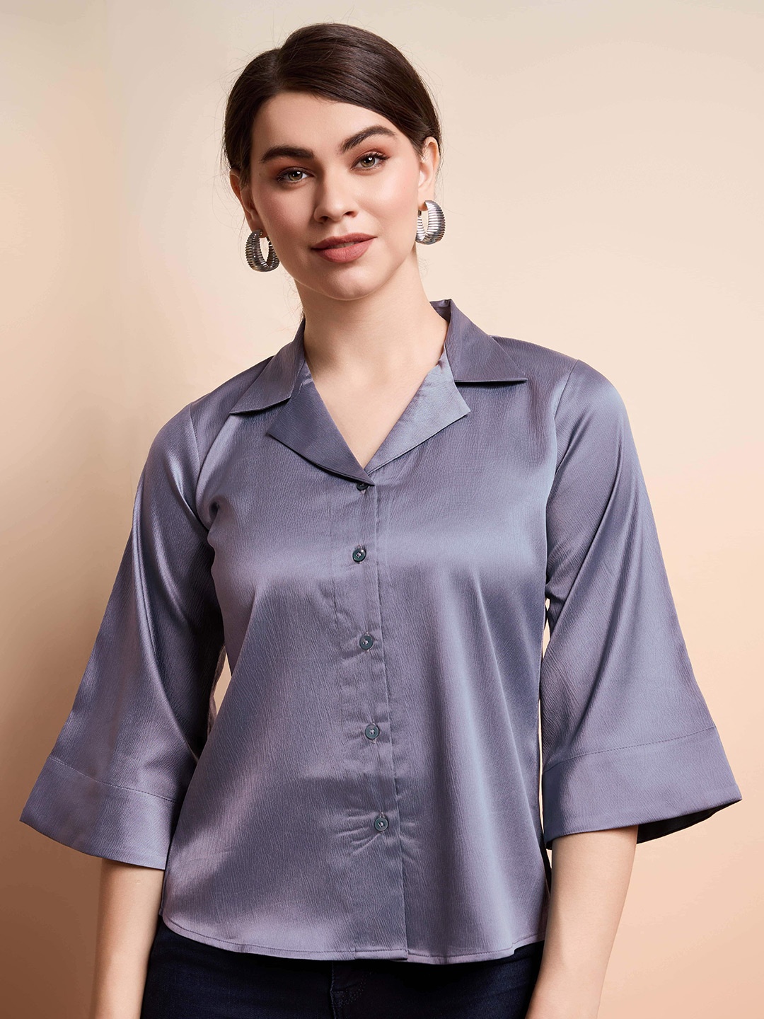 

ONRA Women Standard Fit Cuban Collar Solid Casual Shirt, Violet