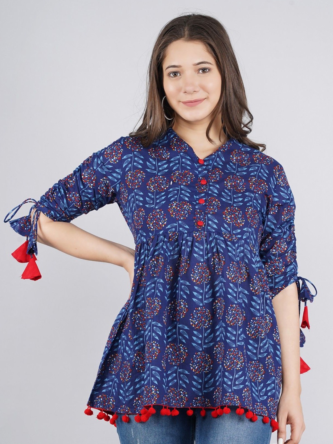 

Royal Marque Women Cotton Ethnic Motifs Printed Empire Top, Navy blue
