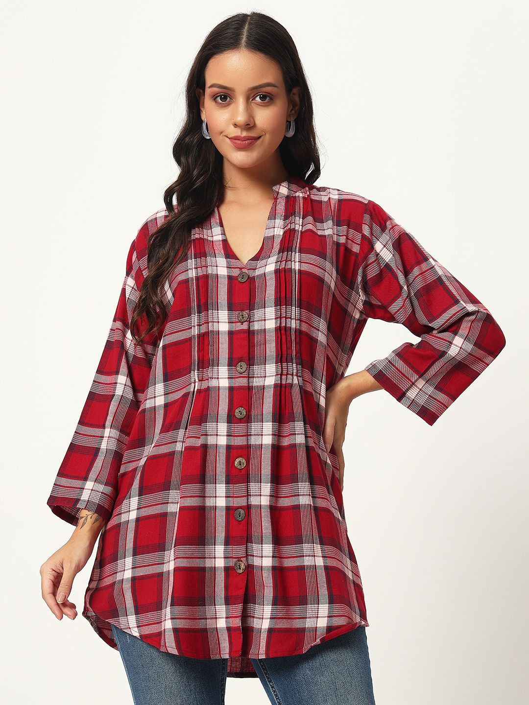 

VELDRESS Women Mandarin Collar Tartan Checked Crepe Casual Shirt, Red