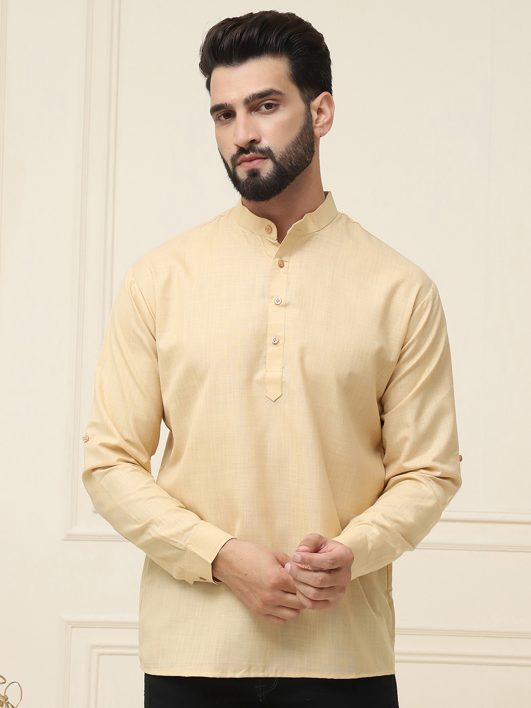 

SOJANYA Band Collar Neck Roll-Up Sleeves Regular Pure Cotton Straight Kurta, Gold