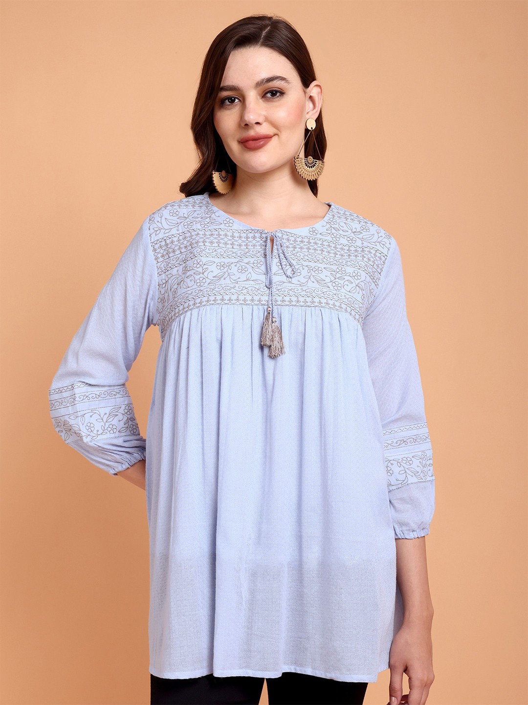 

Atha Fashion Women Embroidered Pure Cotton A-Line Top, Blue
