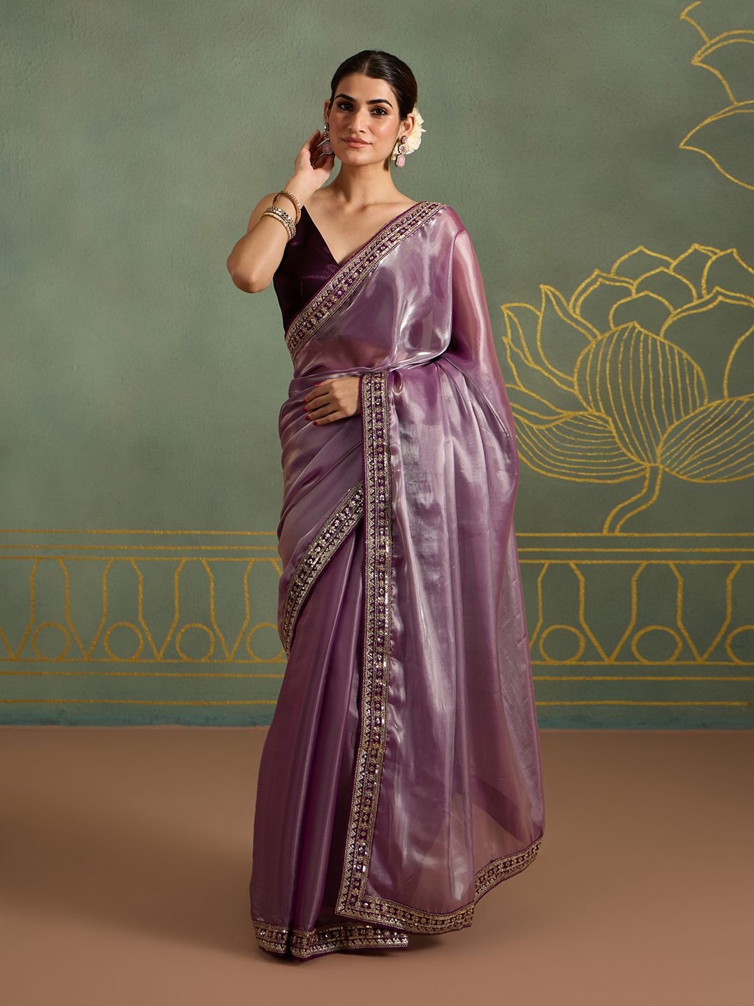 

Likha Solid Embroidered Festive Saree, Lavender