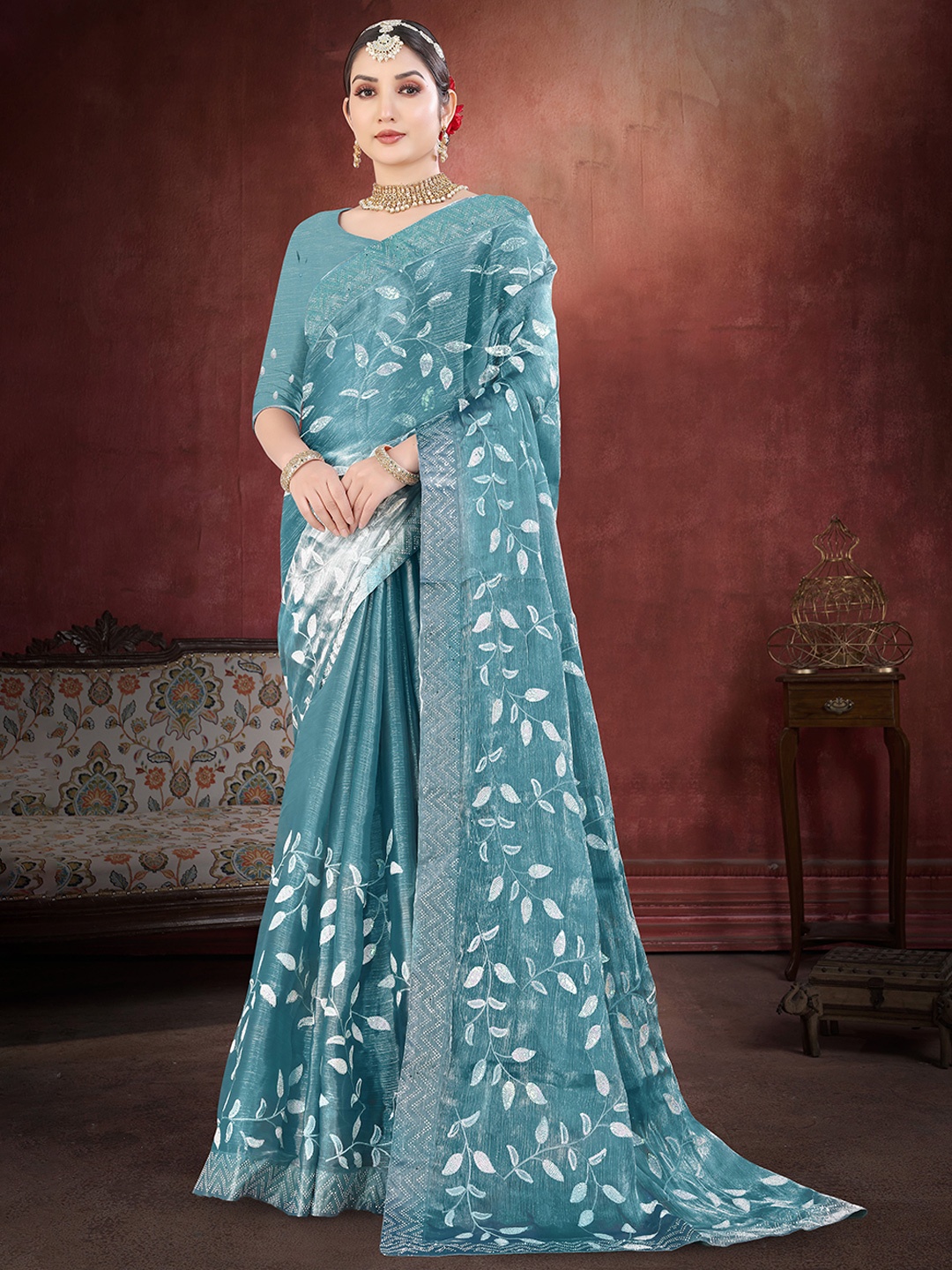 

Sanwariya Silk Embellished Sequinned Net Maheshwari Saree, Turquoise blue