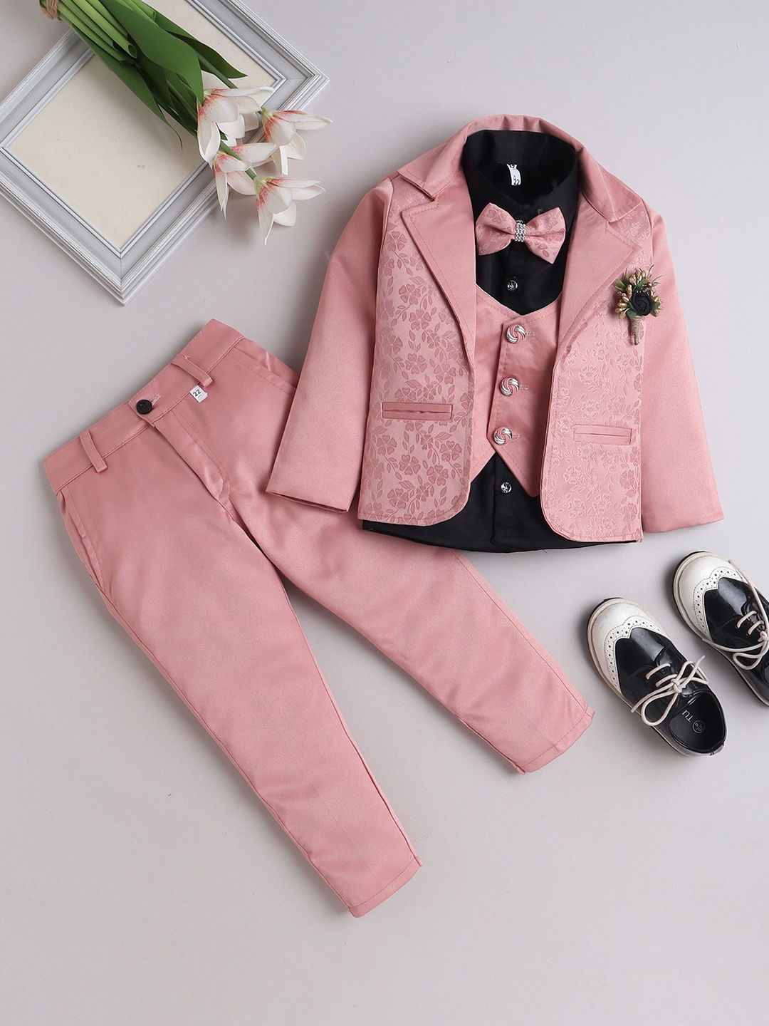 

BAESD Boys Self Design Notched Lapel Collar Blazer With Trousers and Shirt & Bow, Pink