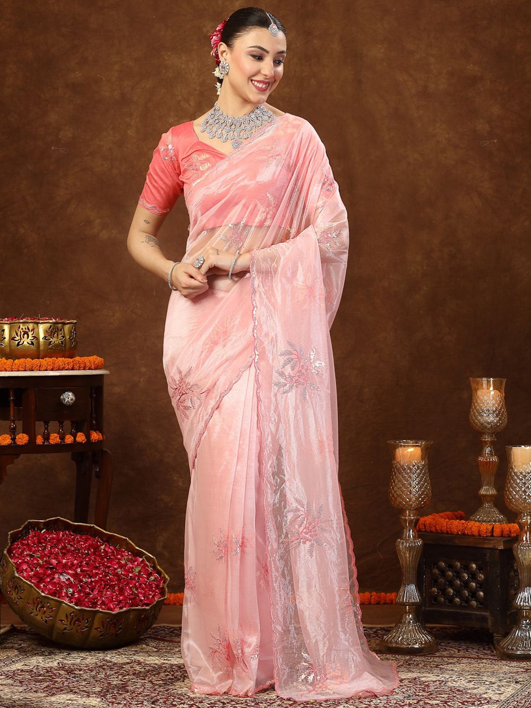 

Stylum Embellished Sequinned Organza Saree, Pink