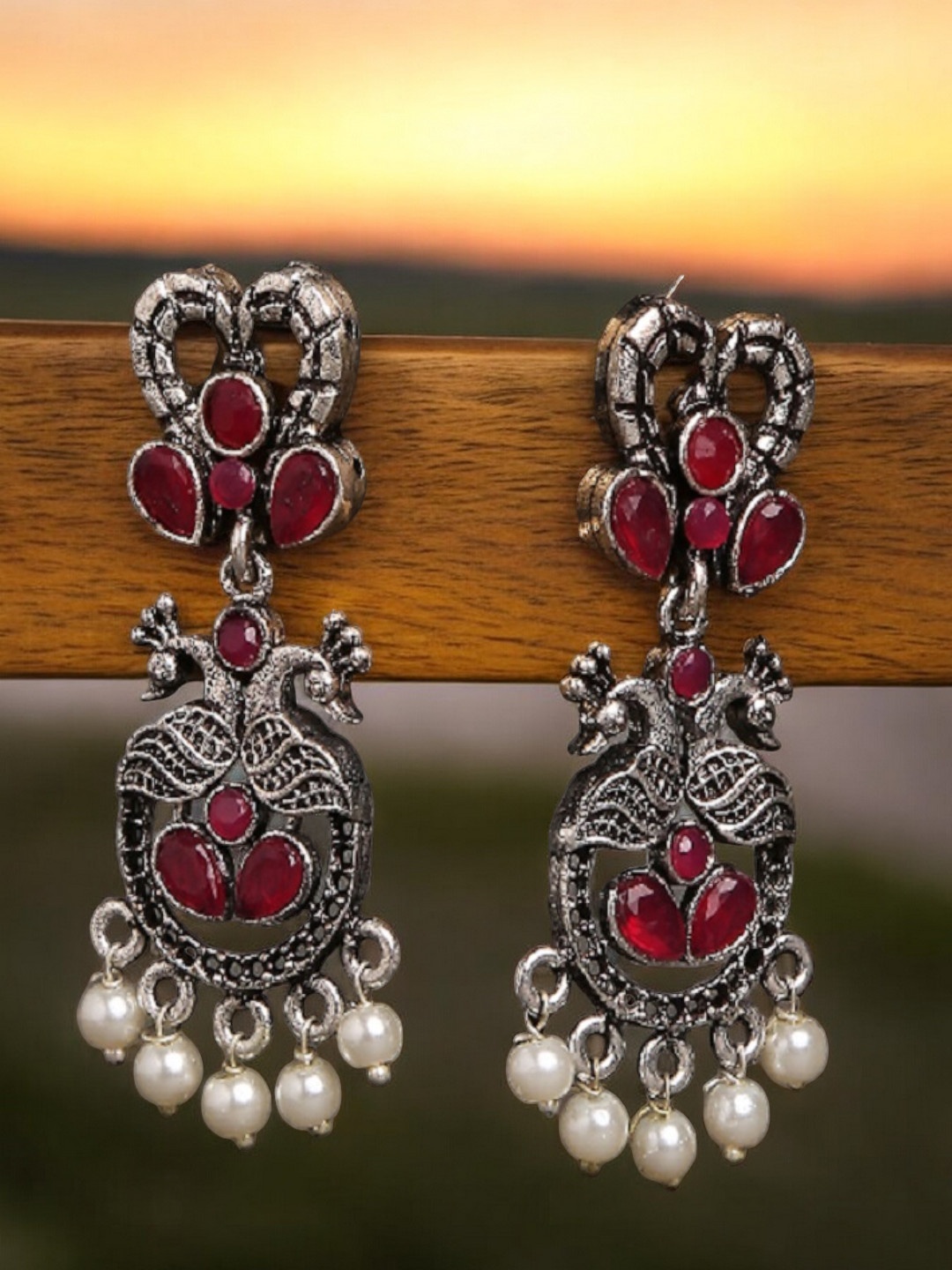 

OOMPH Peacock Oxidised Shaped Drop Earrings, Silver
