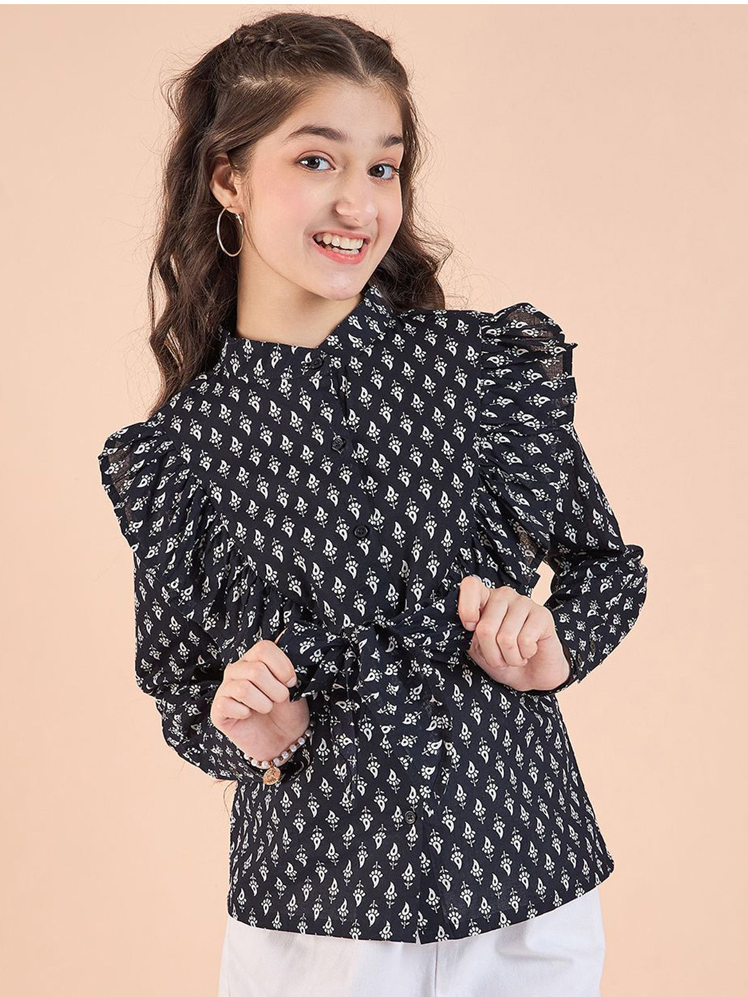

Stylo Bug Girls Conversational Printed Shirt Collar Cotton Top, Black