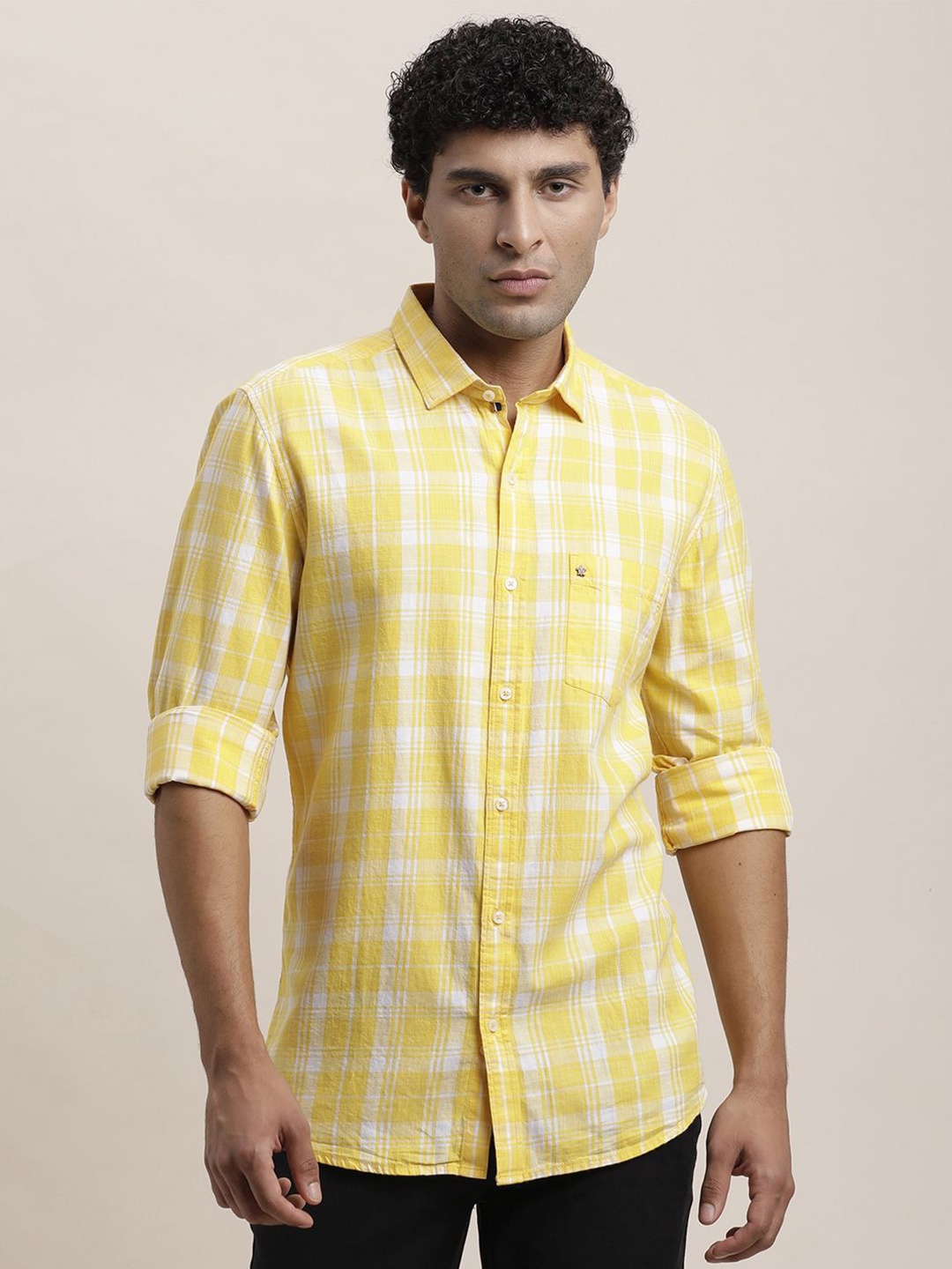 

Turtle Men Relaxed Spread Collar Tartan Checked Cotton Casual Shirt, Yellow