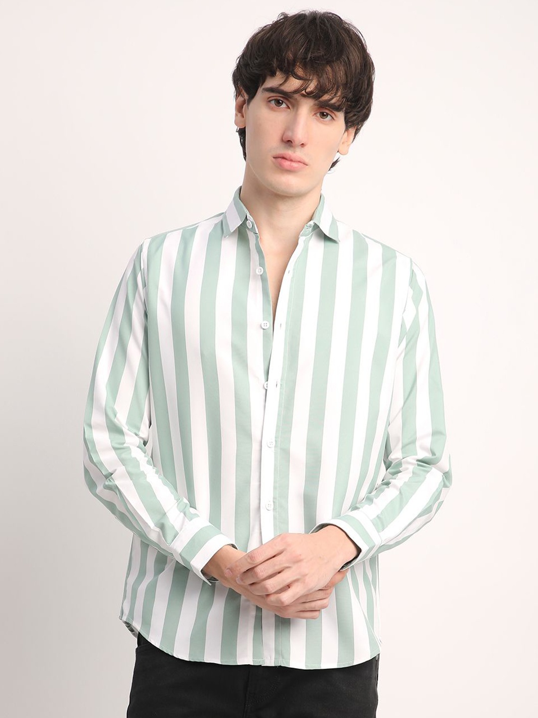 

Voroxy Men Premium Spread Collar Vertical Striped Cotton Casual Shirt, Olive
