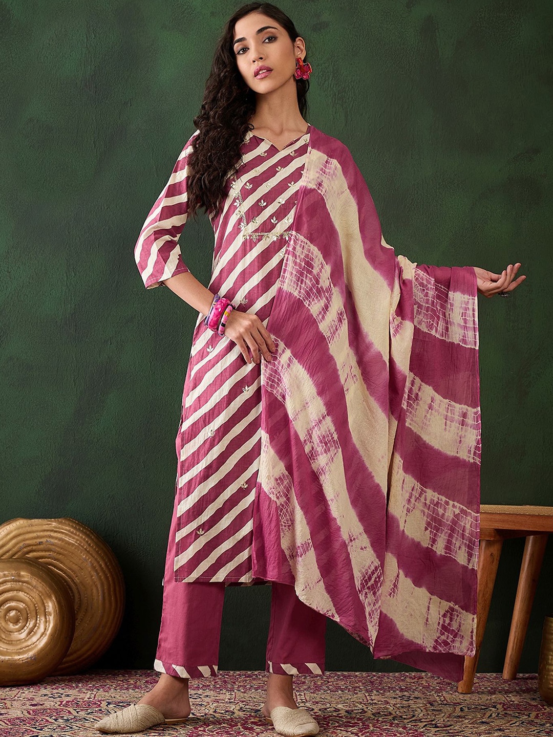 

Sangria Purple Stiped Embroidered Pure Cotton Sequence Kurta With Trouser & Dupatta