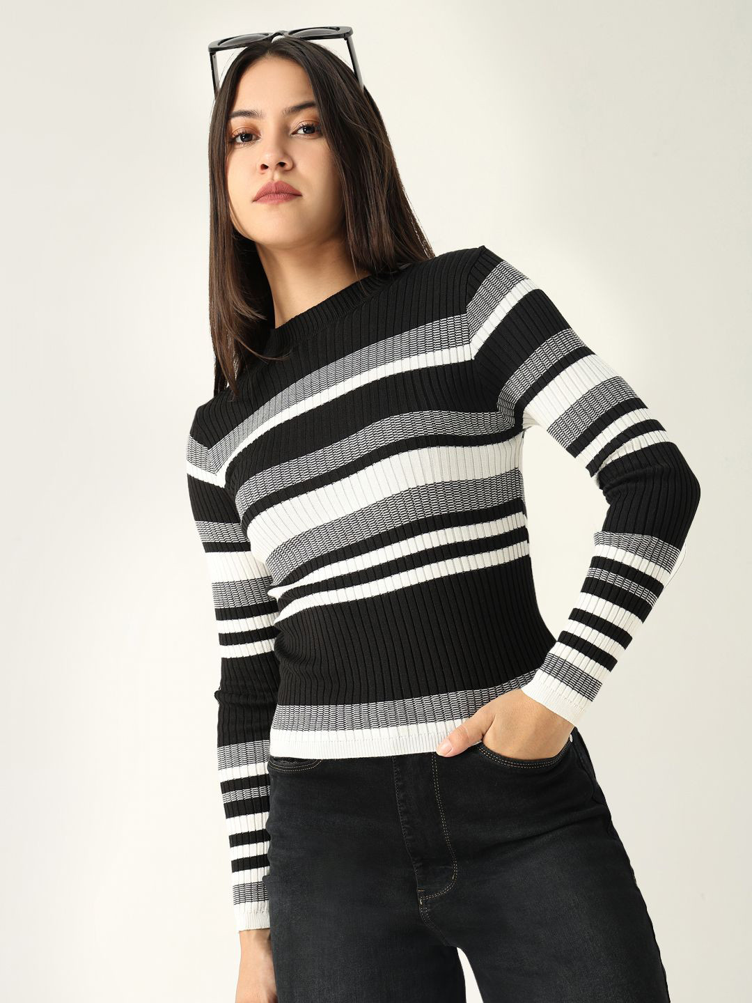 

SHOWOFF Women Horizontal Striped High Neck Acrylic Top, Black
