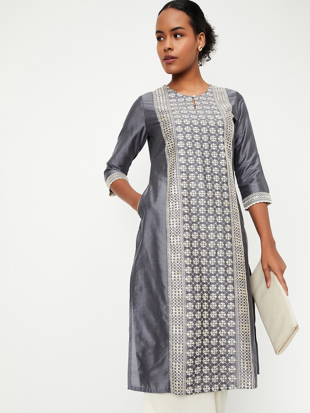 

max Floral Embroidered Keyhole Neck Sequins Straight Kurta, Grey
