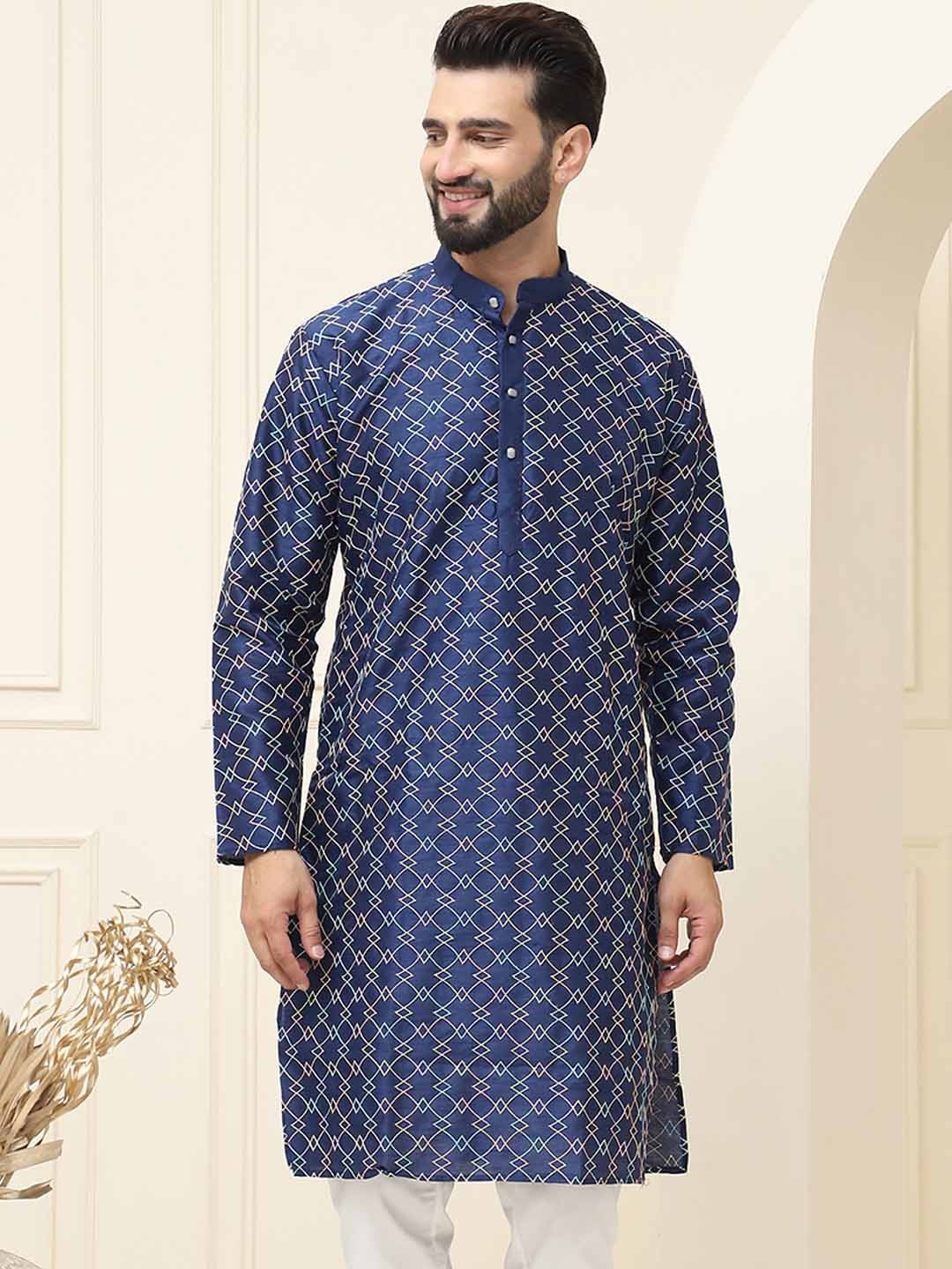 

SOJANYA Geometric Embroidered Thread Work Band Collar Straight Kurta, Navy blue