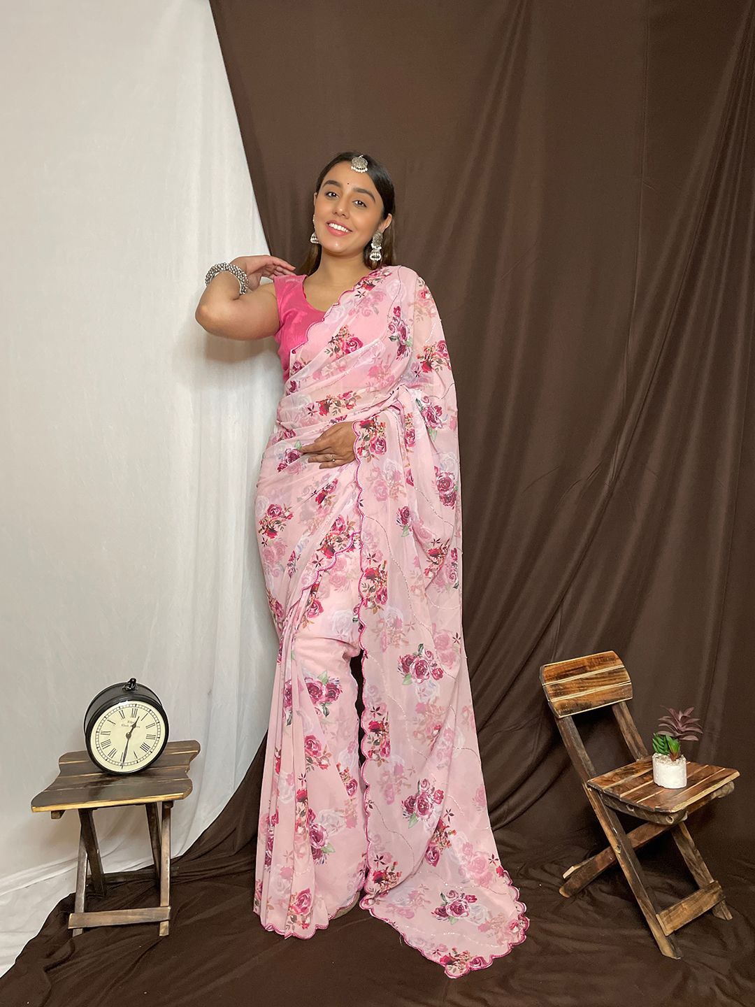 

Ishin Beads and Stones Embellished Saree With Blouse Piece, Pink
