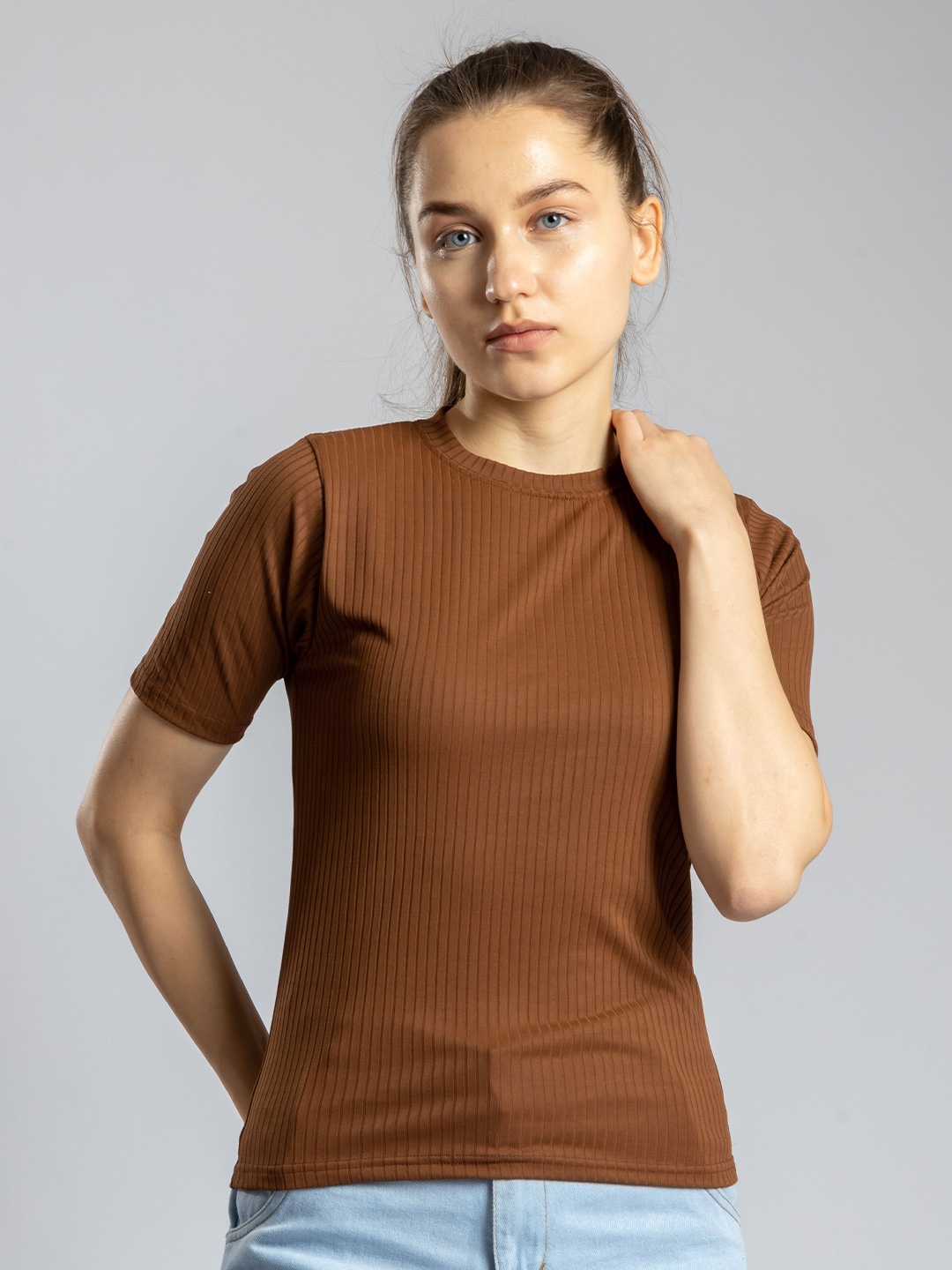 

Redamancii Women Solid Round Neck Polycotton Top, Coffee brown