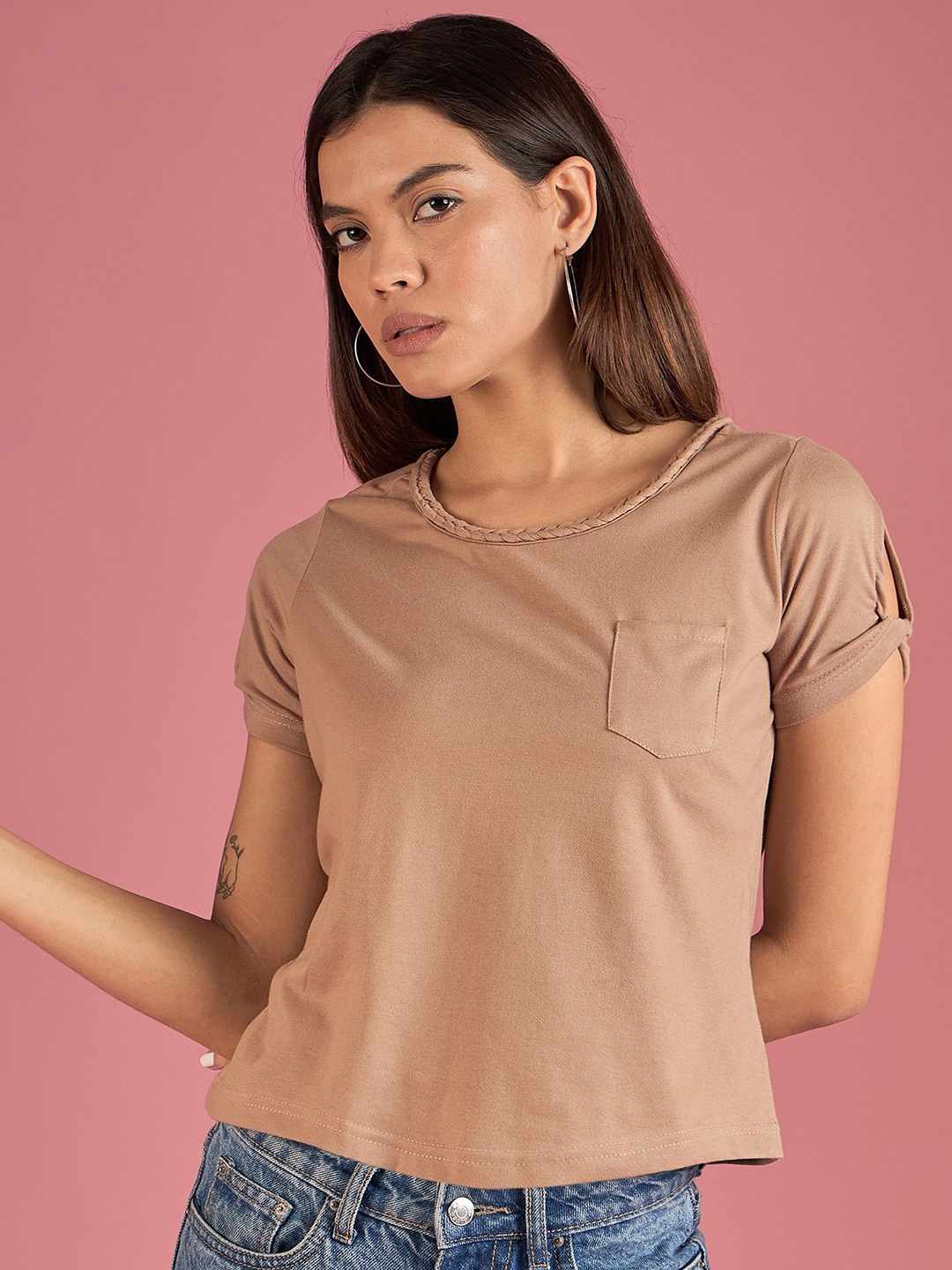 

DressBerry Women Solid Round Neck Cotton Top, Beige
