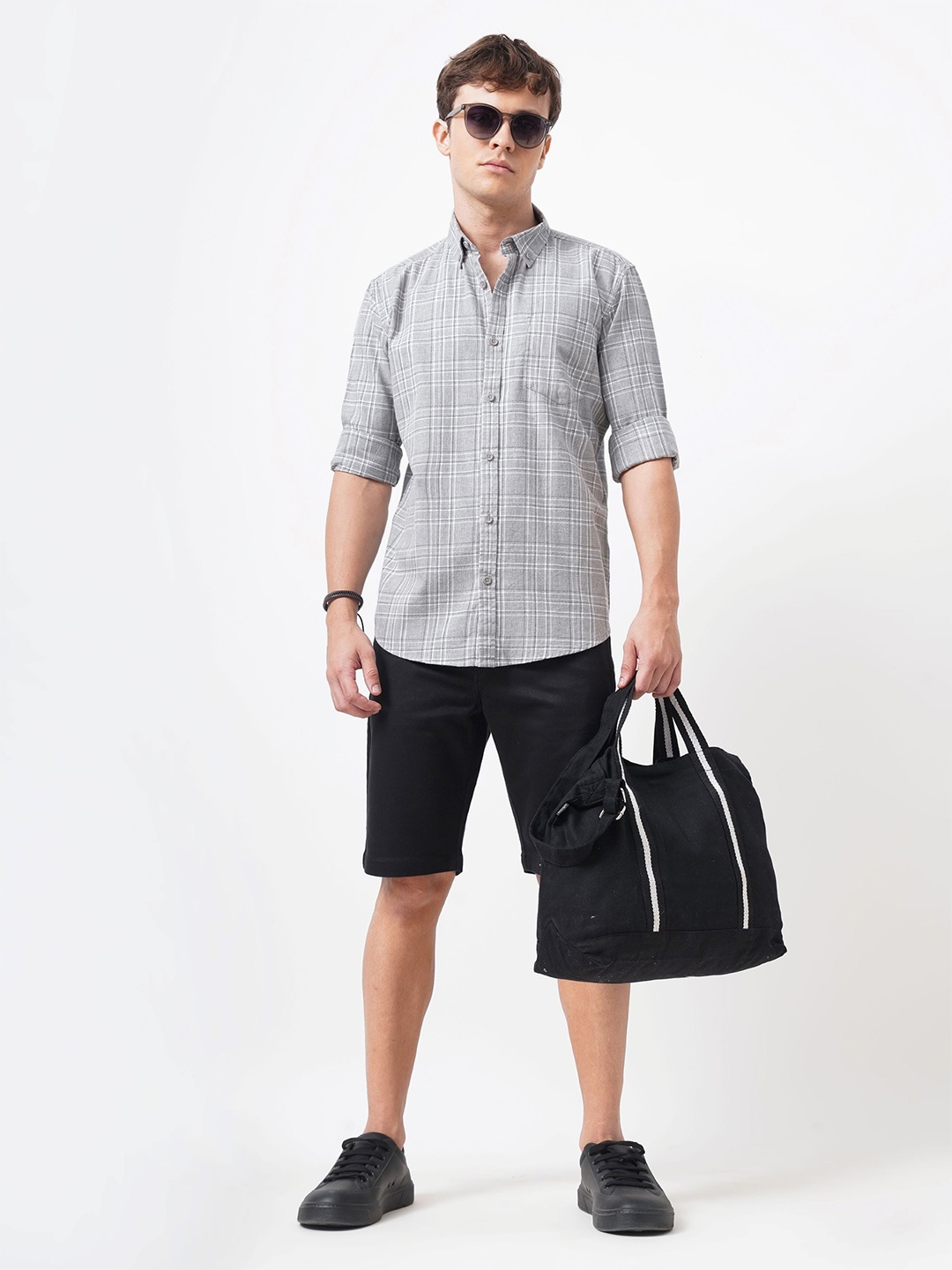 

British Club Men Standard Button-Down Collar Checked Cotton Casual Shirt, Grey